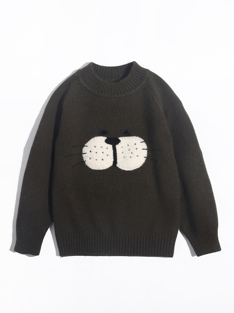 Kids Cute Whiskered Animal Face Olive Green Cashmere Sweater